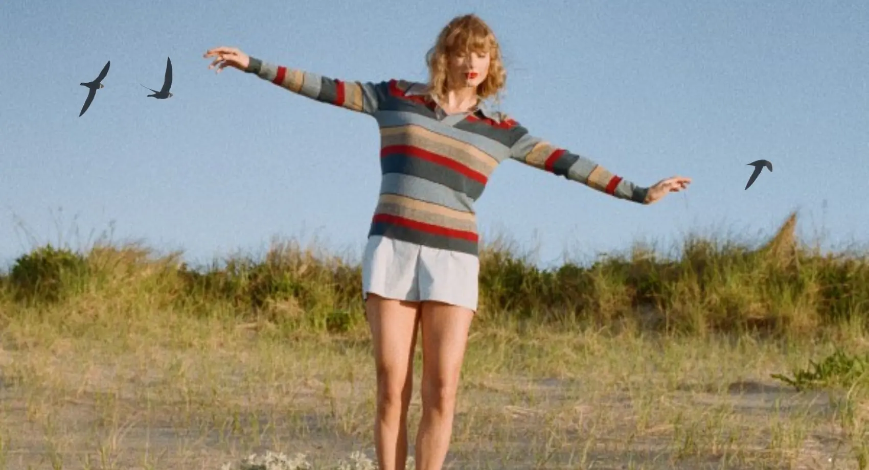 Taylor Swift em um campo aberto, com braços estendidos e pássaros voando ao fundo, representando como suas estratégias de marketing digital criam liberdade criativa e conexão com o público.