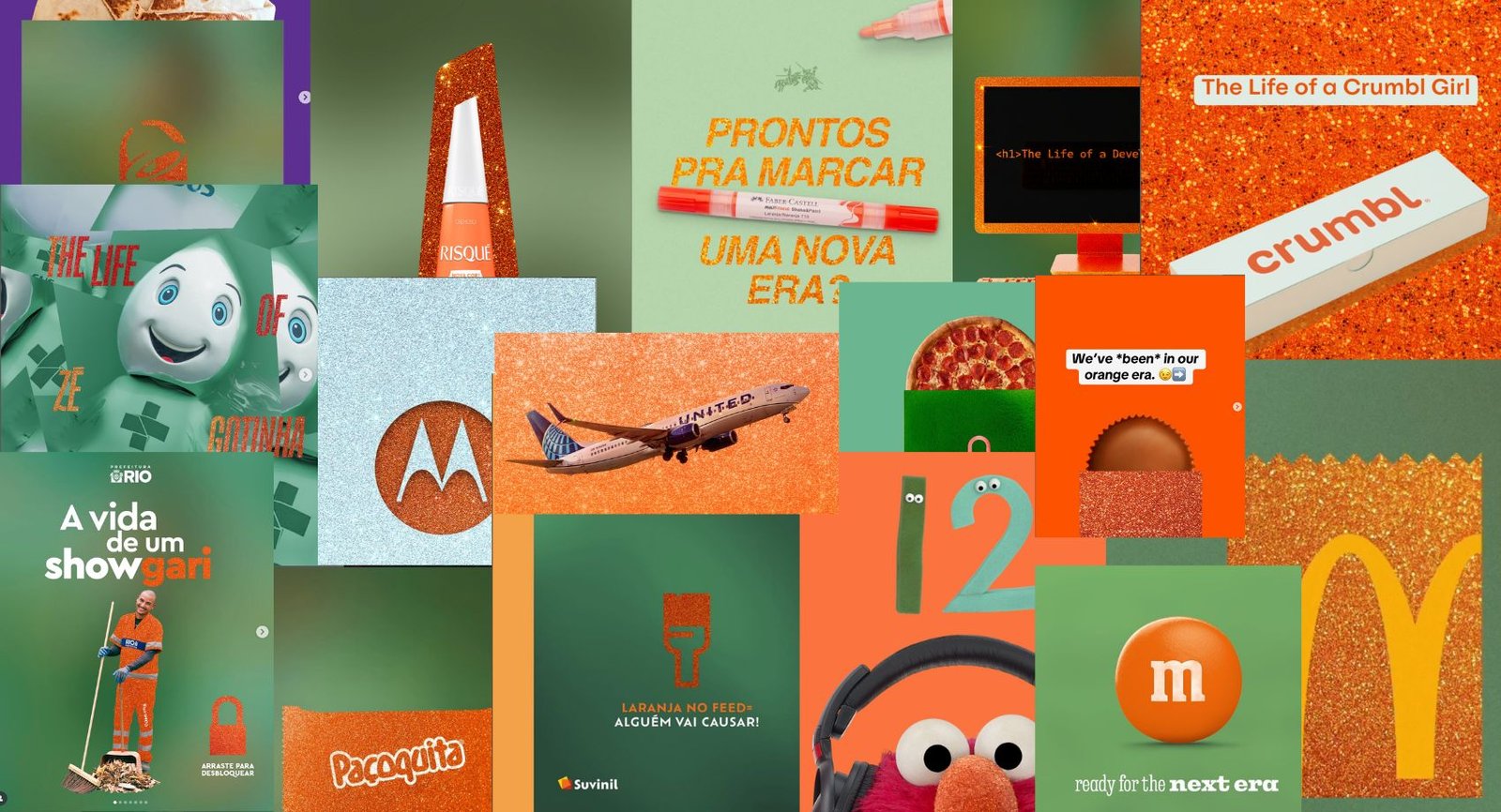 Montagem com campanhas de marcas como McDonald’s, Motorola, Risqué, Crumbl e United Airlines que usaram elementos em laranja para surfar no hype de The Life of a Showgirl, exemplo de como estratégias de marketing digital podem se conectar a movimentos culturais.