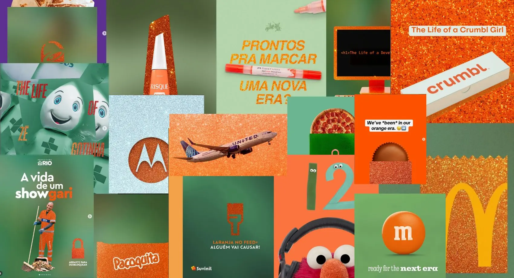 Montagem com campanhas de marcas como McDonald’s, Motorola, Risqué, Crumbl e United Airlines que usaram elementos em laranja para surfar no hype de The Life of a Showgirl, exemplo de como estratégias de marketing digital podem se conectar a movimentos culturais.
