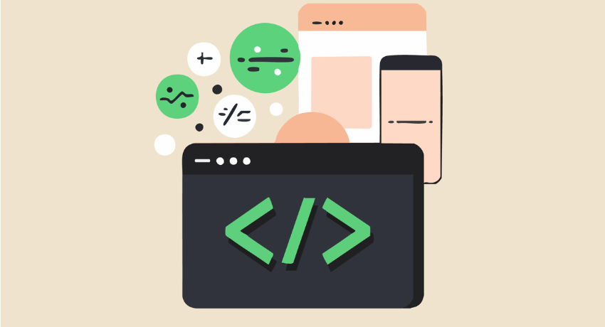 Ilustração de código e componentes adaptáveis representando a base técnica de um site responsivo