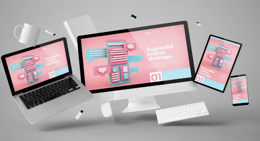 Site responsivo exibido em notebook, desktop, tablet e smartphone com o layout ajustado a cada tela