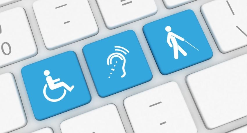 Ícones de acessibilidade sobre teclado simbolizando inclusão e usabilidade em site responsivo