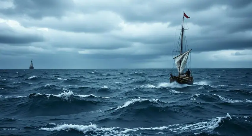 Barco navegando em mar revolto sob céu nublado, simbolizando os desafios do marketing sem CRM.