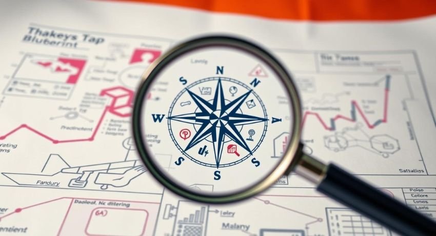 Bússola sobre relatórios e gráficos, representando a importância do direcionamento estratégico no marketing sem CRM.