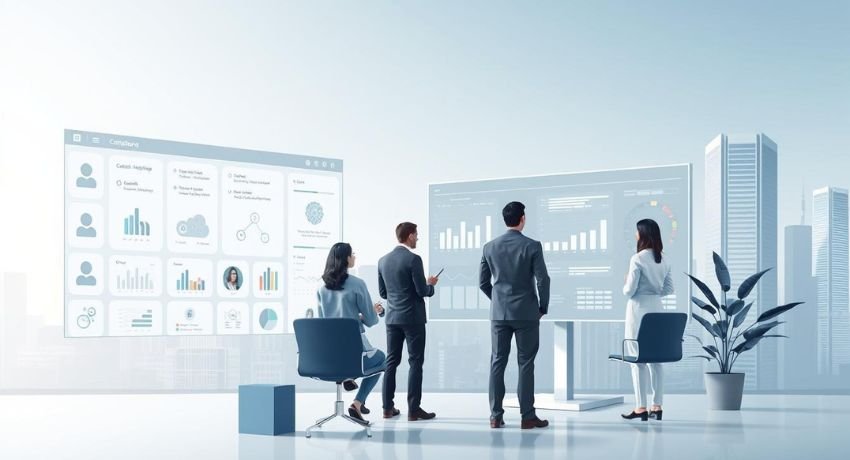 Equipe de profissionais observando painéis de dados, exemplificando como o CRM transforma o marketing e a tomada de decisões.