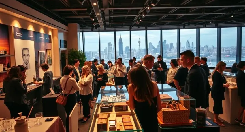 Público interagindo em evento de marca com vista panorâmica da cidade, evidenciando práticas de marketing sensorial.