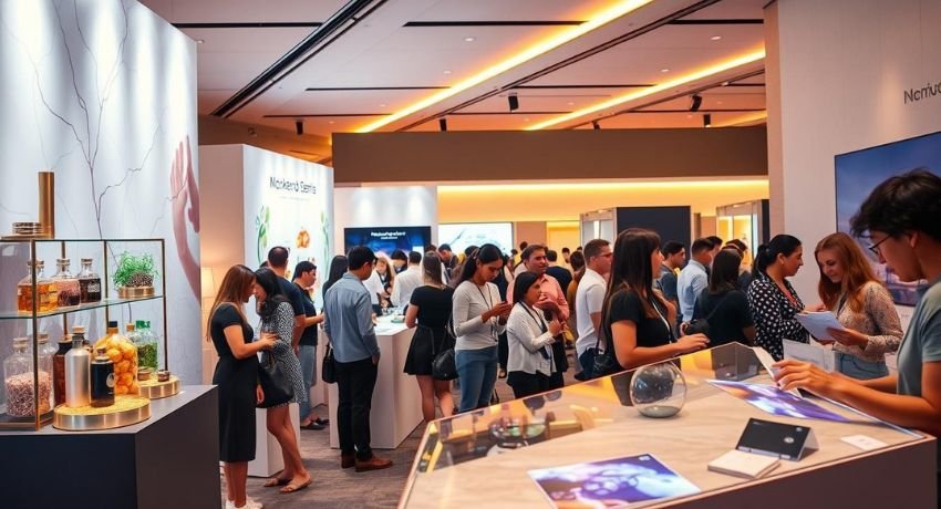 Pessoas participando de evento corporativo com ativações sensoriais, ilustrando o conceito de marketing sensorial em ação.
