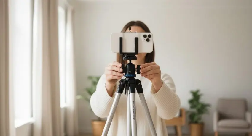 Pessoa ajustando um celular horizontal em um tripé dentro de uma sala iluminada, representando a ideia de criar conteúdo e crescer no Instagram sem mostrar o rosto.