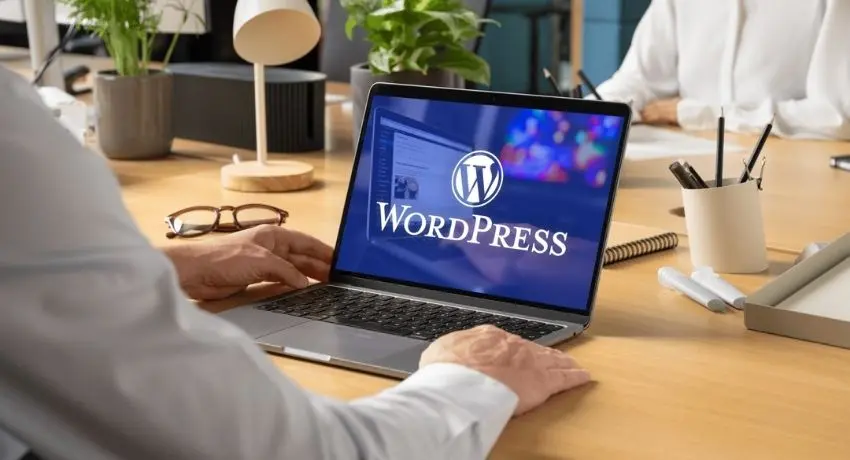 Pessoa usando um notebook com a tela mostrando o logotipo do WordPress em um ambiente de escritório.