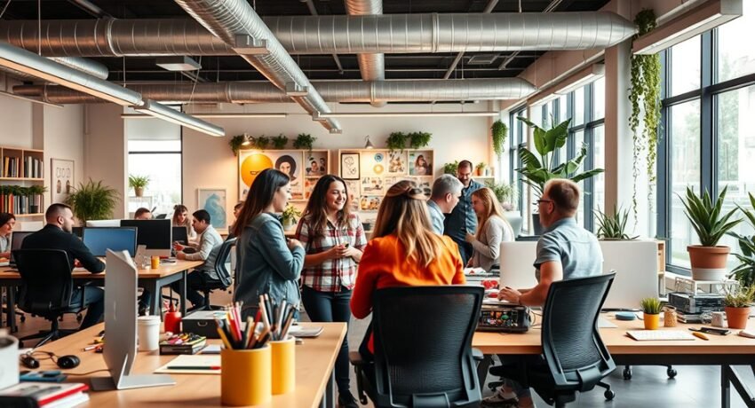 Profissionais reunidos em um escritório moderno, interagindo de forma descontraída em ambientes colaborativos com luz natural e áreas abertas.