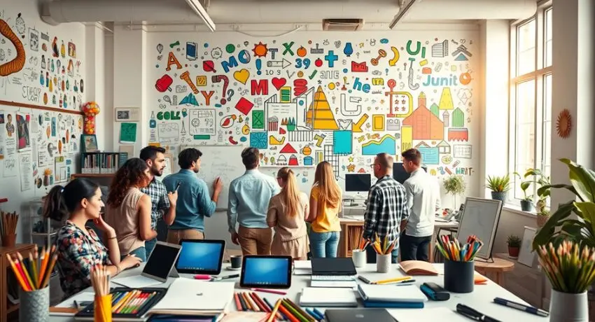Equipe reunida em frente a um mural colorido, explorando ideias e interagindo em ambientes colaborativos voltados à criatividade.