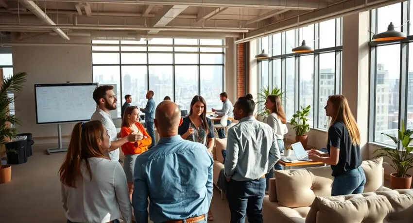 Profissionais reunidos em um escritório moderno, interagindo de forma descontraída em ambientes colaborativos com luz natural e áreas abertas.