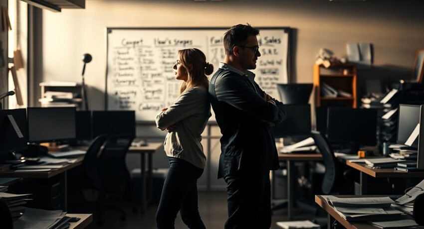 Cena em um escritório corporativo com duas pessoas de costas uma para a outra, simbolizando falta de integração entre marketing e vendas, com ambiente escuro e quadro de tarefas ao fundo.