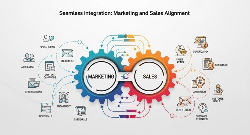 Ilustração com duas engrenagens interligadas representando marketing e vendas, acompanhada de ícones de processos e funil, simbolizando integração e alinhamento estratégico.