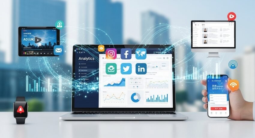 Conjunto de dispositivos exibindo dashboards, gráficos e ícones de redes sociais para ilustrar a integração entre marketing e vendas no ambiente digital.