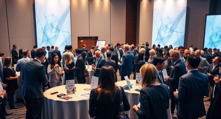 Público em feira de negócios fazendo networking estratégico e criando conexões profissionais