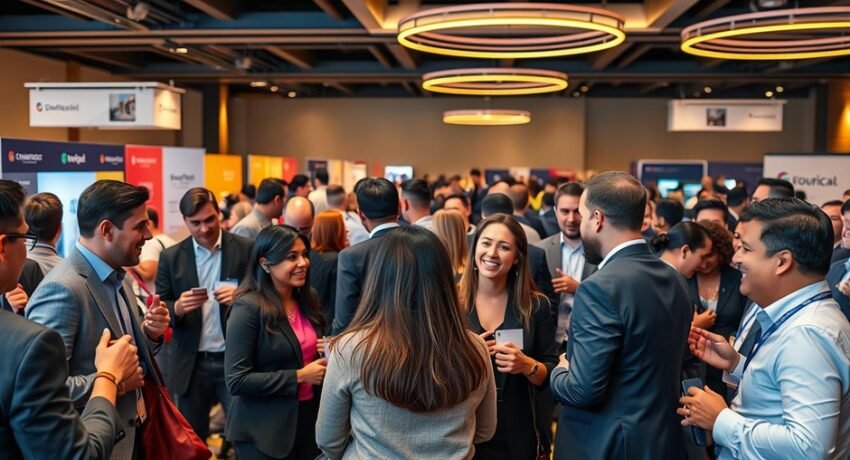 Salão corporativo cheio com networking estratégico e conexões presenciais entre empresas
