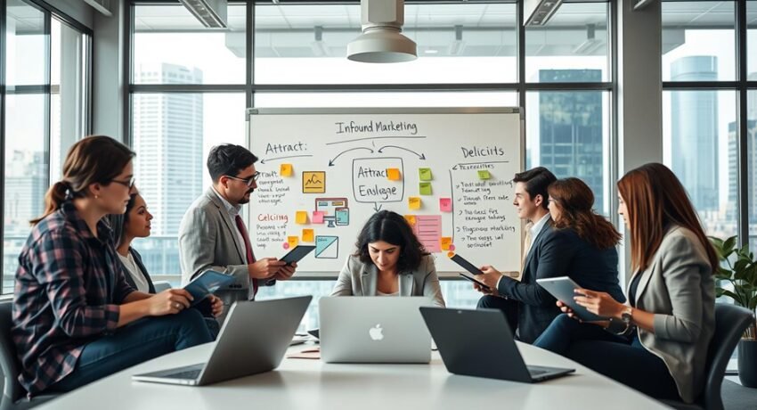 Equipe em reunião estratégica planejando etapas do inbound marketing com apoio do CRM