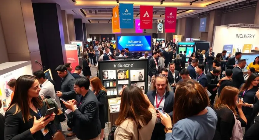 Feira de negócios lotada com ativações de marca e ações de marketing de influência em eventos
