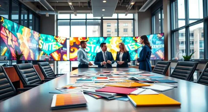 Ambiente corporativo moderno com painéis digitais aplicando branding sensorial e identidade visual da marca