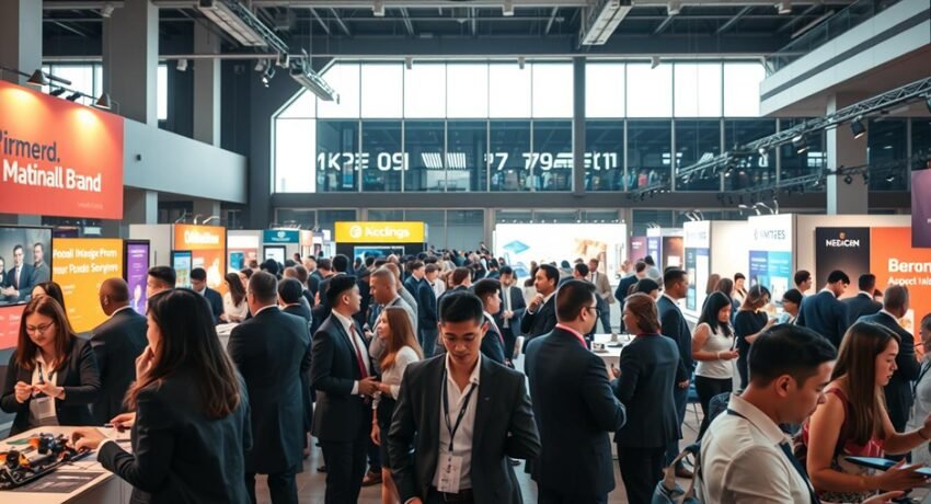Networking em evento corporativo com público interagindo e ações de marketing de influência em eventos