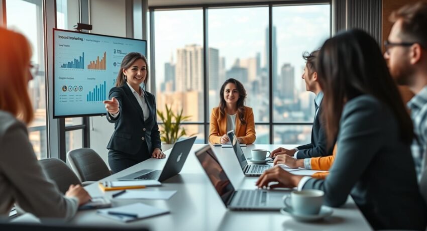 Equipe analisando dados de inbound marketing e CRM para atração e conversão de leads