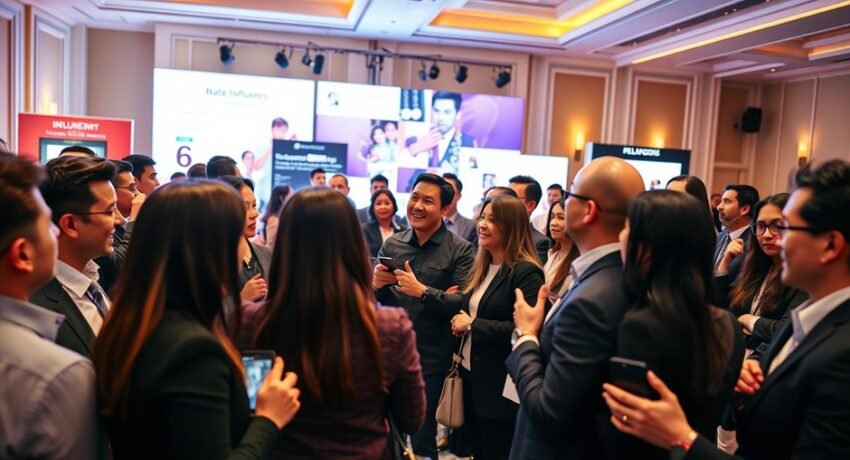 Pavilhão de exposição com estandes e público, cenário para campanhas de marketing de influência + eventos