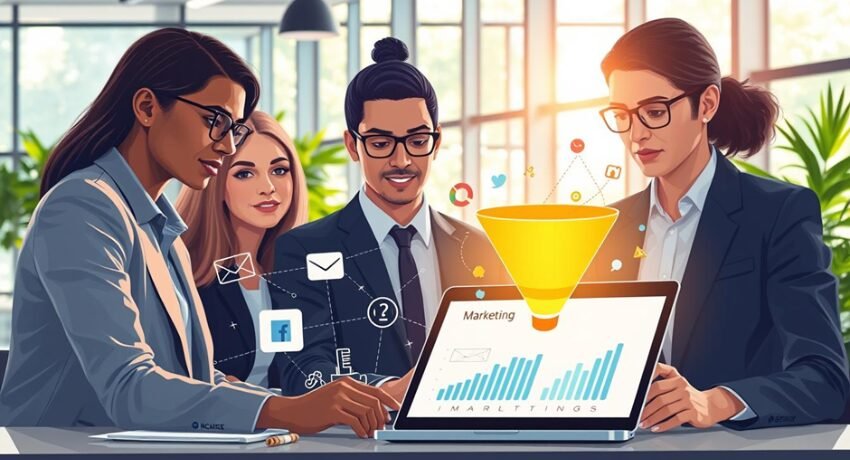 Apresentação de métricas de inbound marketing e CRM em reunião corporativa
