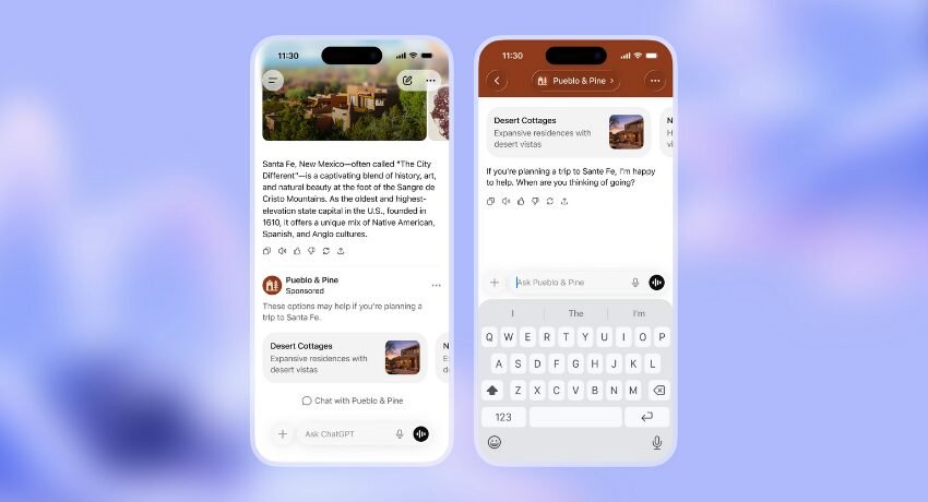 Exemplo de ChatGPT Ads: anúncio em card patrocinado no final da resposta e opção de conversar com a marca.